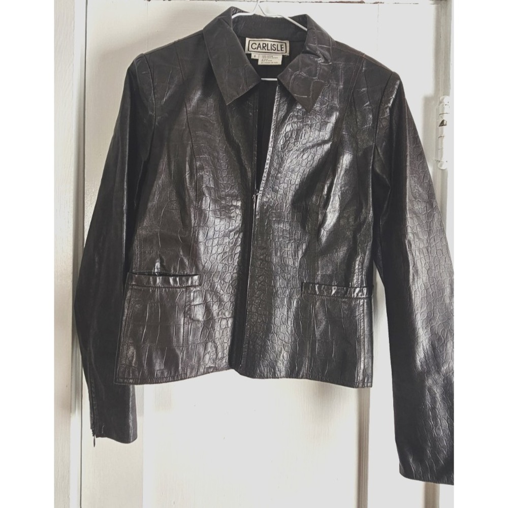CARLISLE women black jacket Sz‎ 6 genuine leather reptile look full zip lined